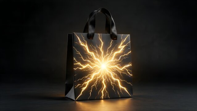 Black shopping bag featuring glowing golden electric lightning bolts emitting bright light against a dark minimalist studio background creating a powerful and high energy visual