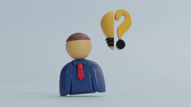 Solve business problem with creativity animation of entrepreneur in thought cloud linking question mark to lightbulb answer. Leadership concept. Business success, think positive, inspiration, solution