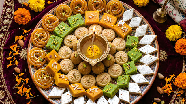 A vibrant and colorful display of traditional indian sweets and a diya celebrating the joyous festival