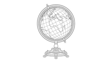 Fototapeta premium Antique Globe Illustration: A detailed line drawing of an antique terrestrial globe, showcasing continents and countries, mounted on an ornate stand. It represents a classic view of the world.