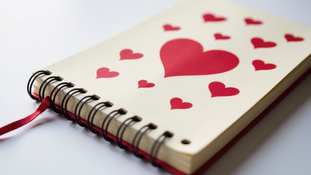 A colorful spiral notebook with red hearts