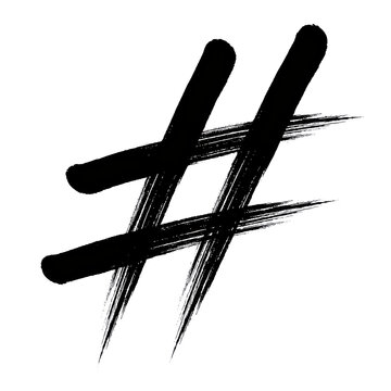 Hand drawn black hashtag symbol with rough dry brush texture strokes isolated on a transparent background