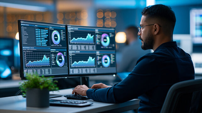 Data faceless analyst using dual monitors to review operational dashboard and export CSV files with performance reports and trend analytics, defocused technical analysis, with