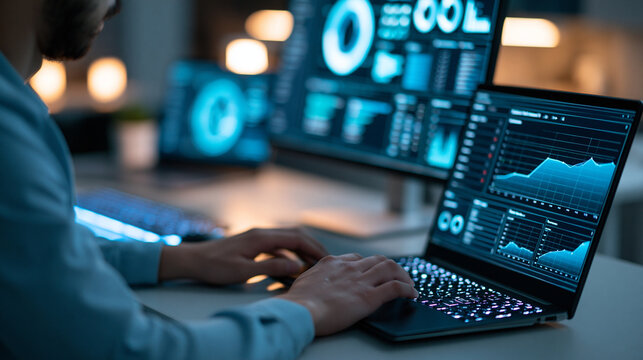 Data faceless analyst using dual monitors to review operational dashboard and export CSV files with performance reports and trend analytics, defocused technical analysis, with