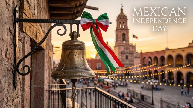 Antique brass church bell hanging from a wrought iron bracket decorated with a mexican flag ribbon overlooking a colonial town square at sunset with a historic cathedral tower in the background