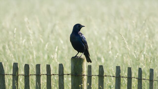 Shiny black common grackle perches alertly on a weathered wooden fence post amidst a soft blurred green grassy meadow field captured in natural morning light