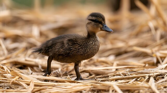 A small duckling stands on dry straw with soft brown feathers and dark beak  captured in natural daylight