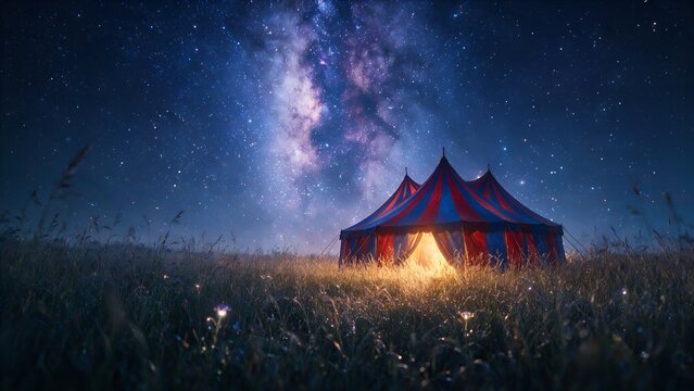 Red and blue striped circus tent glowing brightly in a dark grassy field under a vibrant majestic milky way night sky filled with many stars