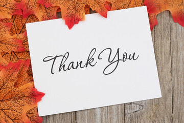 Fall leaves with a Thank You greeting card on weathered wood for your autumn message © Karen Roach