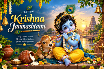 Fototapeta premium Baby Krishna playing flute with calf for Happy Krishna Janmashtami festival greeting card