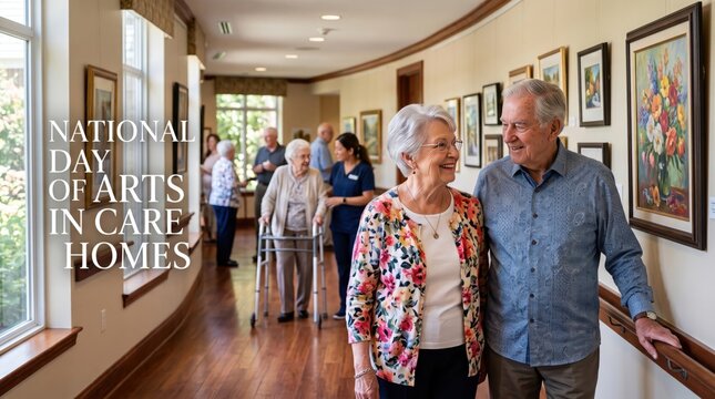 Elderly couple walking arm in arm down a sunlit care home hallway decorated with framed floral paintings while other seniors and staff members stand in the background near a window
