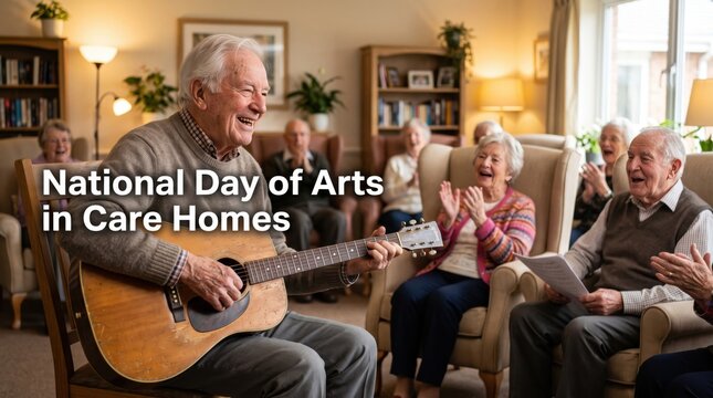 Elderly man playing acoustic guitar in a care home common room surrounded by senior friends sitting in armchairs and clapping along to the music in a warm sunlit living space