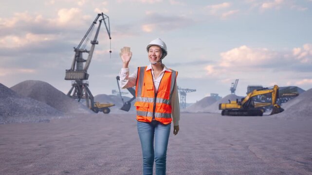 Front View of Asian Female Engineer Waving Hand Saying Bye While Walking at Gravel Stockpile Yard with Cranes and Excavators