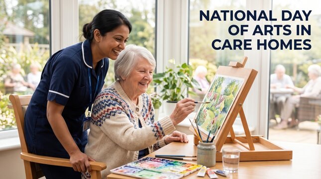 Elderly woman with white hair painting on canvas with a smiling caregiver in a blue uniform in a sunlit room with large windows and indoor plants