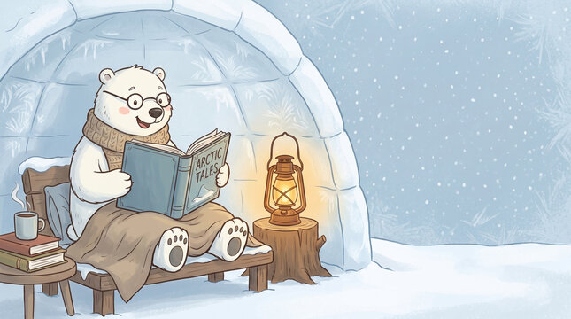 Polar bear reading book igloo winter cozy scarf glasses lantern snow blanket hot drink wooden bench stack of books arctic cold