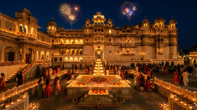 A breathtaking view of a beautifully illuminated palace during the vibrant and joyous diwali festival celebrations
