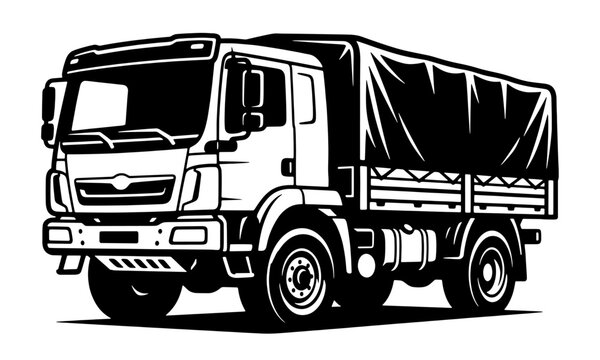 A modern interpretation of a cab-over-engine cargo truck, rendered as a high-detail black and white vector illustration with a tarp-covered cargo bed.