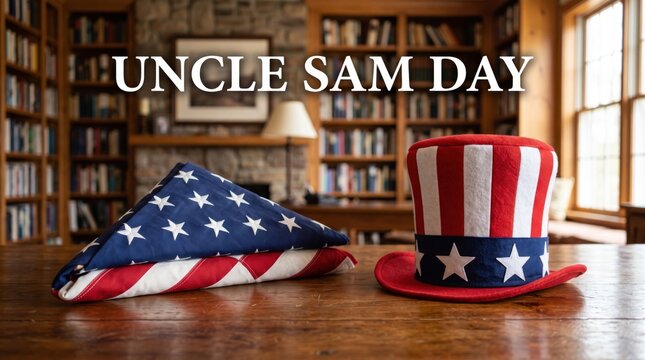 Folded american flag and uncle sam hat on a wooden table in a library with text reading uncle sam day