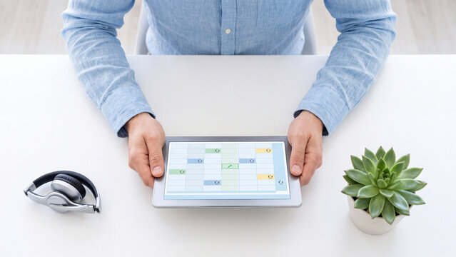 Calendar and schedule planning concept, man on tablet with color-coded monthly calendar grid and events for appointment scheduling, time management, agenda organizer and business planning