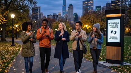 Naklejka premium Four young adults walking along a park path at dusk communicating using sign language near a digital information kiosk with a city skyline in the background