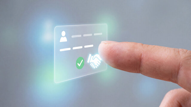 Business partnership and deal agreement concept, finger touching digital profile card with green checkmark and handshake icon for verified connection, successful contract, networking and approval