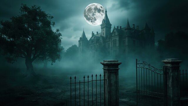 Spooky gothic castle at night under a full moon with heavy fog and iron gates