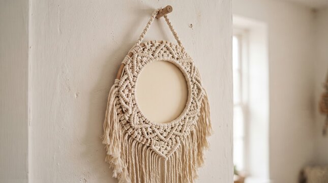 A beautiful handmade circular macrame wall hanging with intricate woven patterns and long fringe tassels hangs on a rustic white textured wall in a bright and airy bohemian home interior