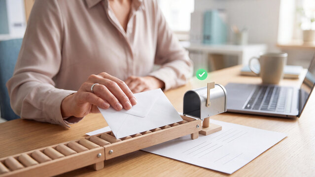 Email marketing and mail sending concept, woman placing envelope on conveyor to mailbox with green checkmark for message delivery, newsletter campaign, correspondence and online communication