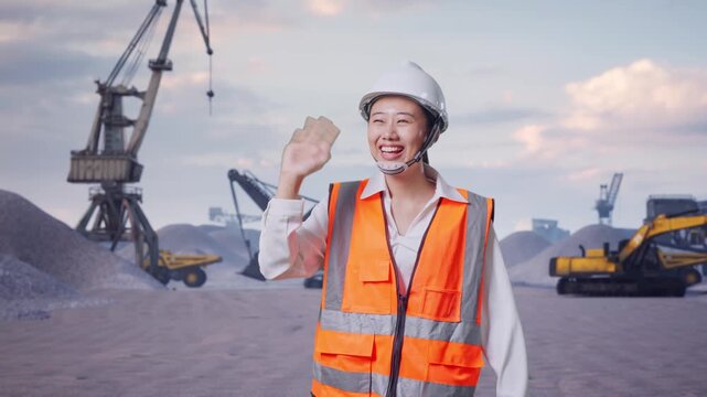 Front View of Asian Female Engineer Waving Hand Saying Bye While Walking at Gravel Stockpile Yard with Cranes and Excavators