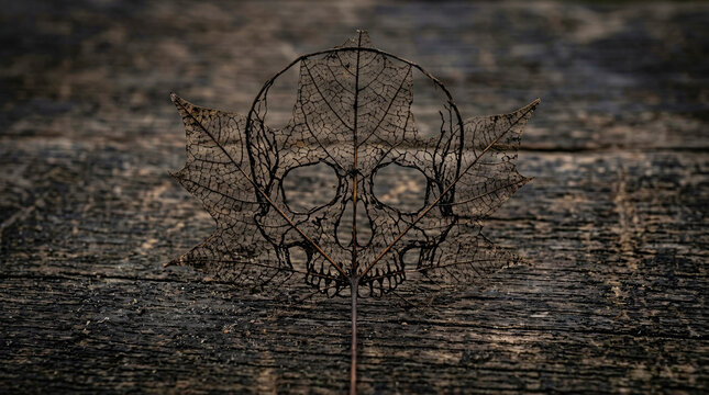 Leaf Skeleton Skull on Dark Wooden Surface
