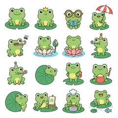 Fototapeta premium Cartoon Frogs Engaged in Various Fun Activities.