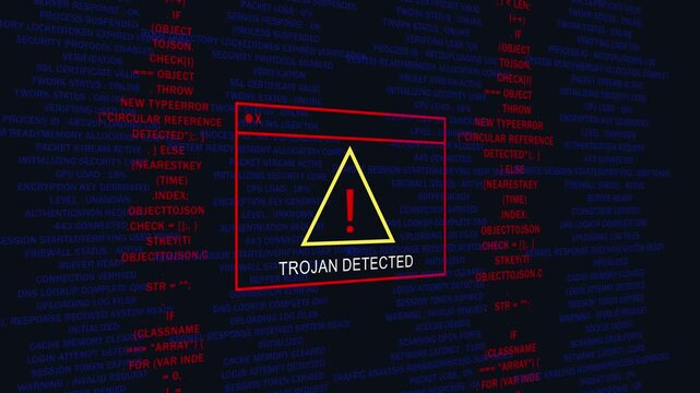 Trojan detected cyber security warning alert on digital code background, malware virus cybersecurity, cyber attack
