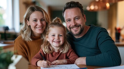 Obraz premium Happy family planning future at kitchen table with child drawing
