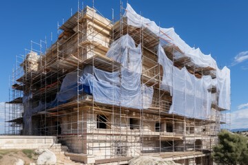 Naklejka premium Ancient temple in eleusis, greece, undergoing extensive restoration with scaffolding and protective netting