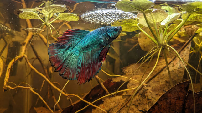Betta fish bubble nest aquatic plant underwater nature colorful vibrant fins