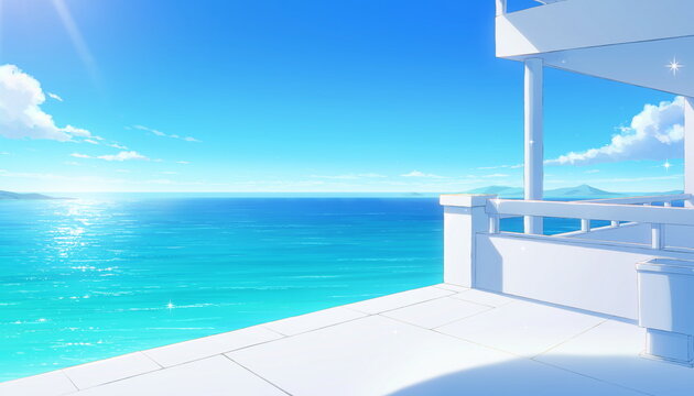 白いテラスから見渡す青い海と青空の風景 アニメ風イラスト