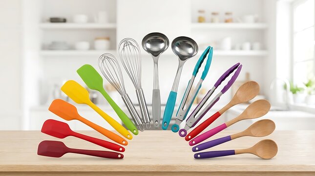 Set of colorful silicone kitchen utensils and metal tools arranged in a fan shape on a home counter. rainbow kitchen essentials
