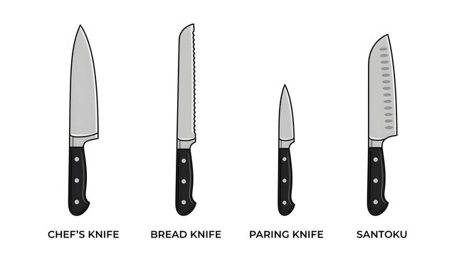 Set of kitchen knives, chef's knife, carving knife, bread knife, paring knife, santoku, stainless steel blades, black handle, cutlery illustration, cooking utensils on white