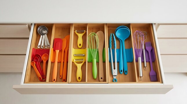 Colorful kitchen utensils organized in a wooden drawer for easy cooking and meal preparation at home. rainbow kitchen essentials