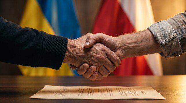 Firm handshake between two individuals over a signed contract representing international cooperation with colorful national flags in the soft background
