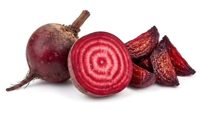 Fresh whole beetroot with a sliced half and wedges isolated on a white background for healthy food concepts