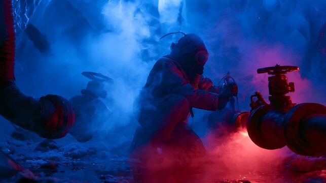 1015. A realistic photo of an engineer wearing a heavy thermal hazard suit repairing a geothermal pipe inside an ice cave. Steam blowing across glowing red pipe valves, blue ice reflections, 