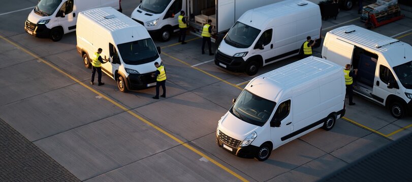 Couriers preparing delivery vans at urban distribution center high angle