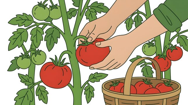 Cartoon hands harvesting red tomatoes in basket, vector of organic vegetables, cute illustration of food picking process, green leaves of tomato plant