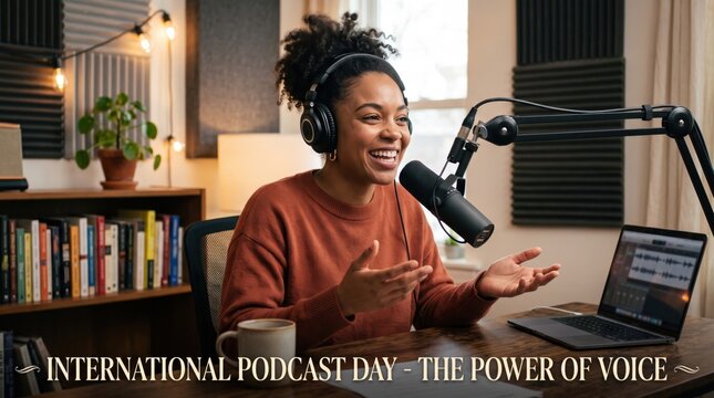 Smiling woman with curly hair wearing headphones speaking into a black broadcast microphone in a home studio with a laptop and bookshelves filled with colorful books in the background