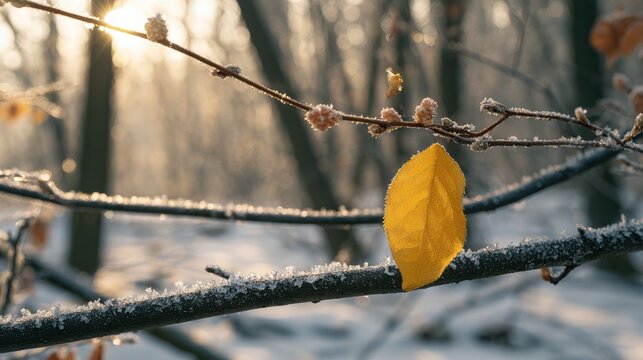 Frosted Branch with Yellow Leaf in Winter Forest at Sunrise, Capturing the Beauty of Nature's Transition from Fall to Winter