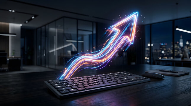 Glowing neon arrow pointing upwards rising from a computer keyboard in a dark modern office representing financial growth and digital success