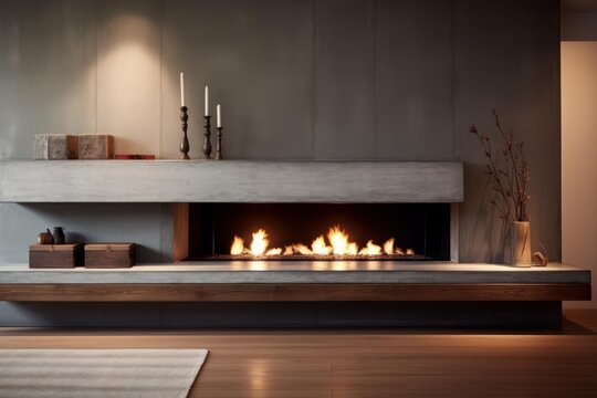 Flames burning in a minimalist fireplace, warming a modern concrete living room