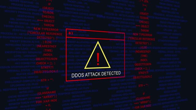 Ddos attack detected warning alert on digital server interface with scrolling programming code background