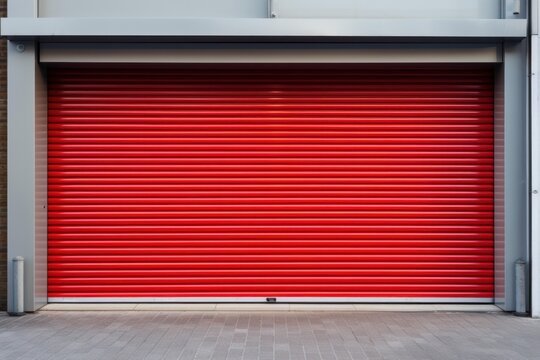 Closed red metal roller shutter door on a building facade